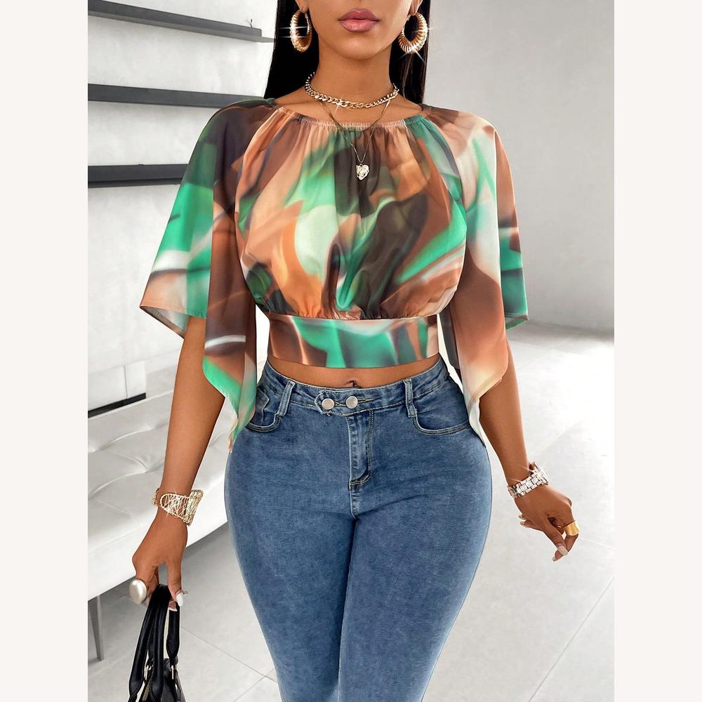 Women's Short Top with Abstract Green Print – Loose Sleeves in Fluid and Comfortable Fabric