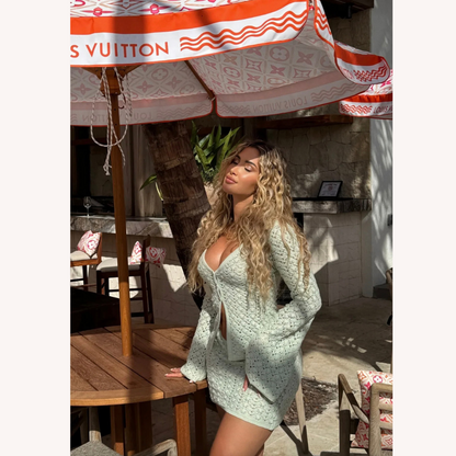Ensemble bohème chic pour femme en crochet - Gilet à col en V et mini-jupe assortie en coton respirant