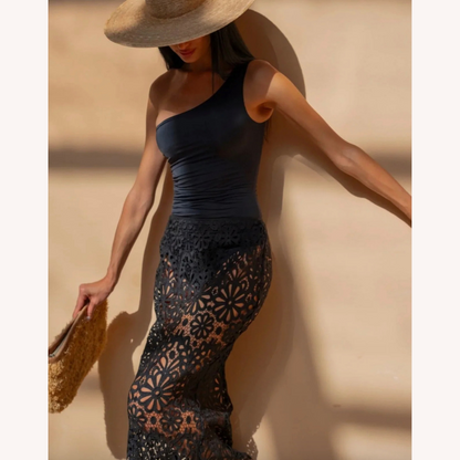 Ensemble en dentelle blanche au crochet pour femmes – Haut court à manches longues et jupe longue bohème chic