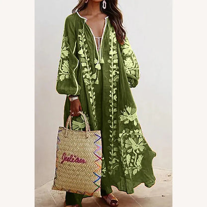 Robe longue bohémienne pour femme à imprimé floral avec manches longues – Élégance décontractée pour l'été