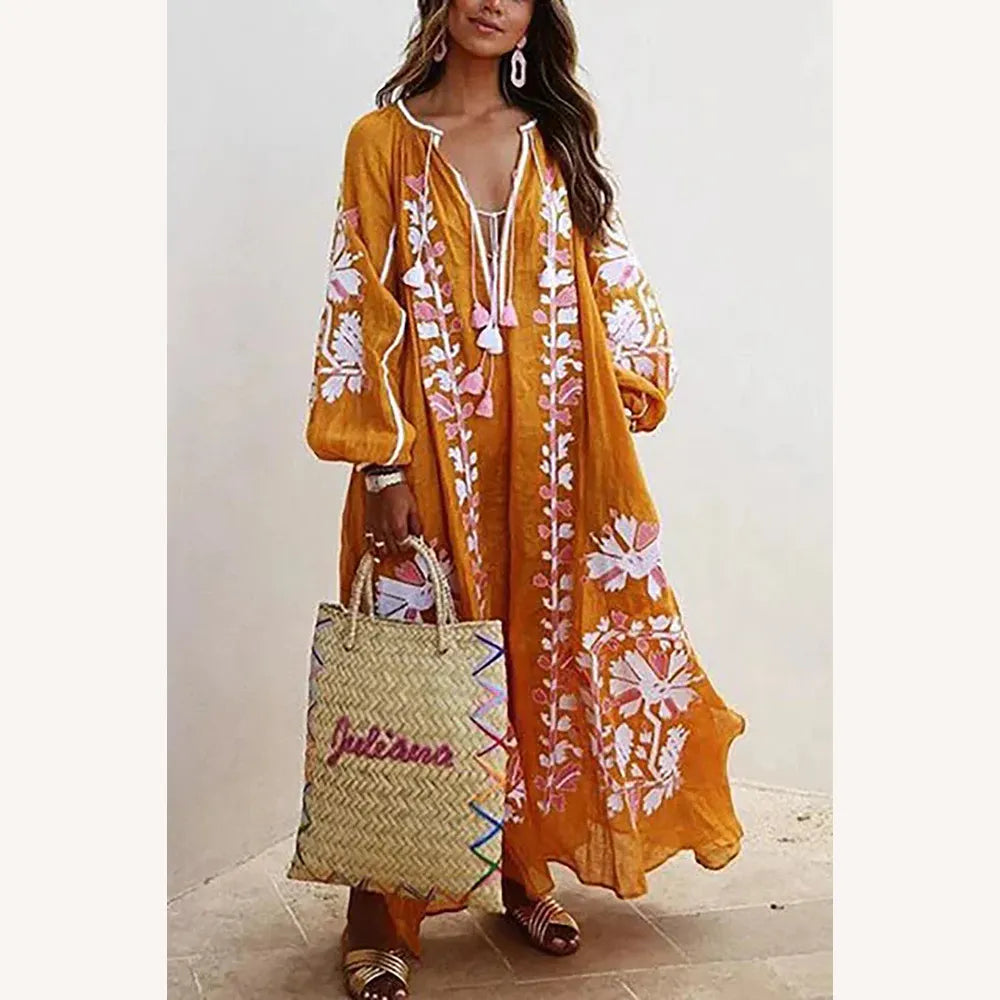 Robe longue bohémienne pour femme à imprimé floral avec manches longues – Élégance décontractée pour l'été