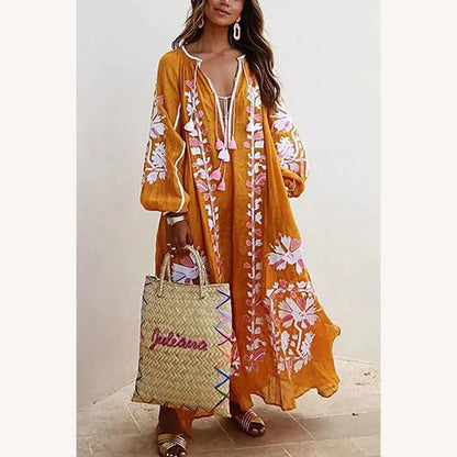 Robe longue bohémienne pour femme à imprimé floral avec manches longues – Élégance décontractée pour l'été