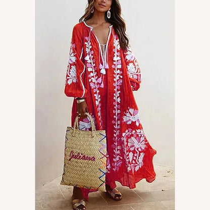 Robe longue bohémienne pour femme à imprimé floral avec manches longues – Élégance décontractée pour l'été