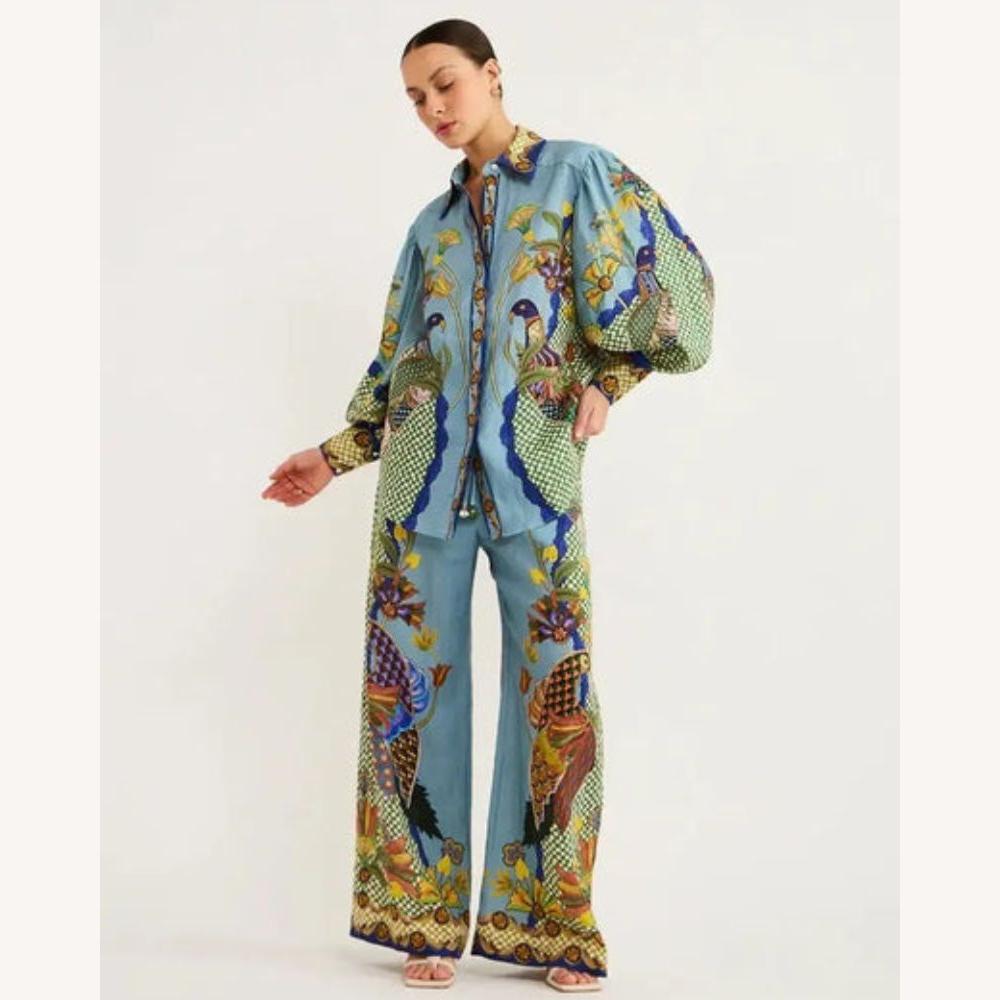 Ensemble pour femme à motif paon – Chemise ample et pantalon large, style artistique et à la mode