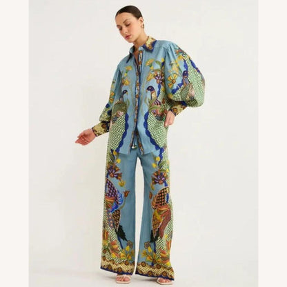 Ensemble pour femme à motif paon – Chemise ample et pantalon large, style artistique et à la mode