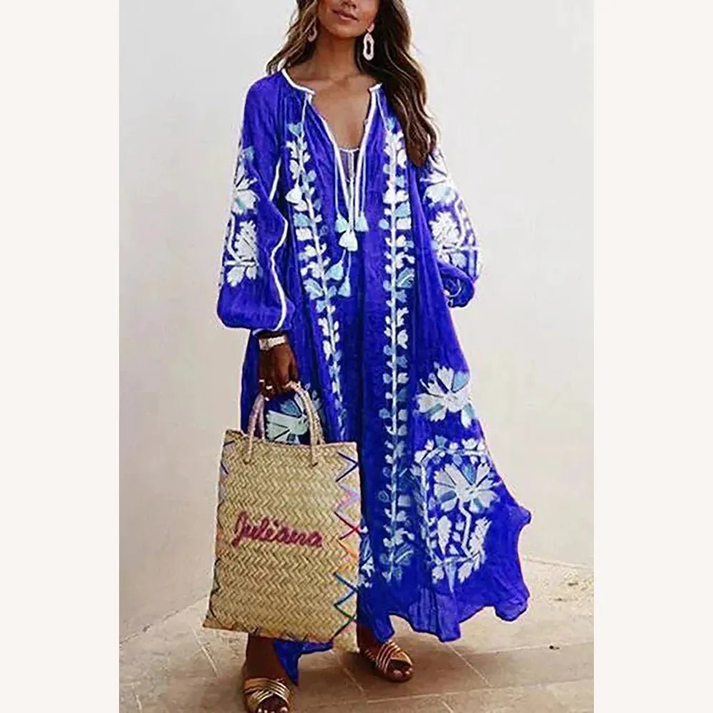 Robe longue bohémienne pour femme à imprimé floral avec manches longues – Élégance décontractée pour l'été
