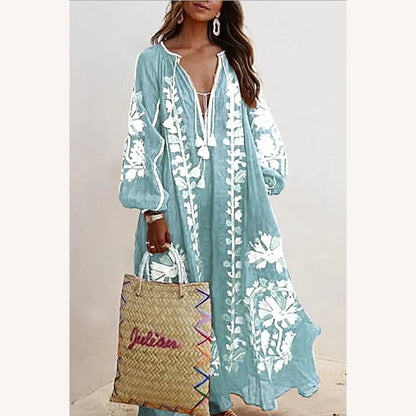 Robe longue bohémienne pour femme à imprimé floral avec manches longues – Élégance décontractée pour l'été