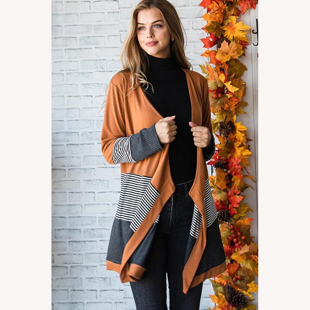 Cardigan rayé bicolore pour femme – Ouverture fluide, mi-cuisse, confortable et décontracté, orange et noir