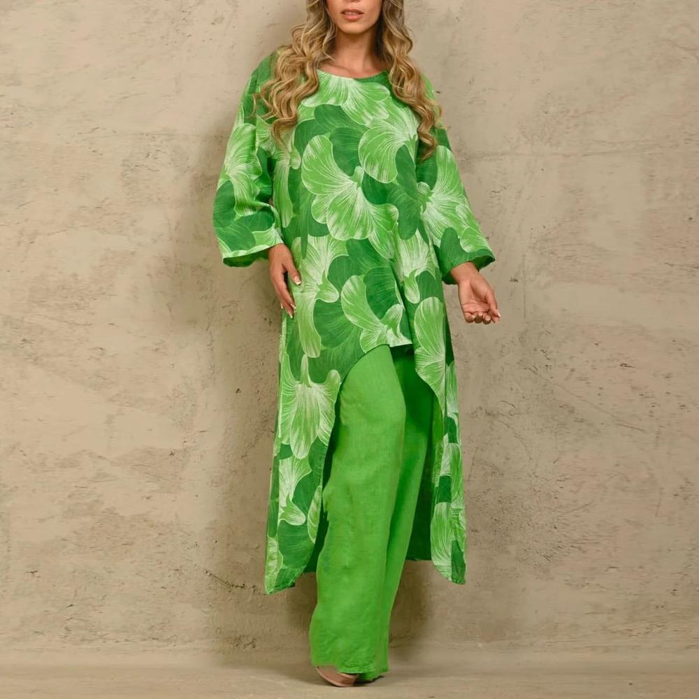 Ensemble léger en lin pour femme avec tunique asymétrique et pantalon large – Style décontracté et élégant