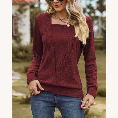 Pull en maille texturée pour femme avec encolure carrée et manches longues – Élégant et confortable pour un style décontracté