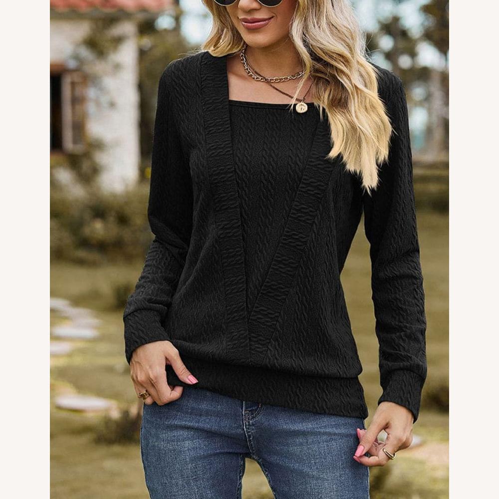 Pull en maille texturée pour femme avec encolure carrée et manches longues – Élégant et confortable pour un style décontracté
