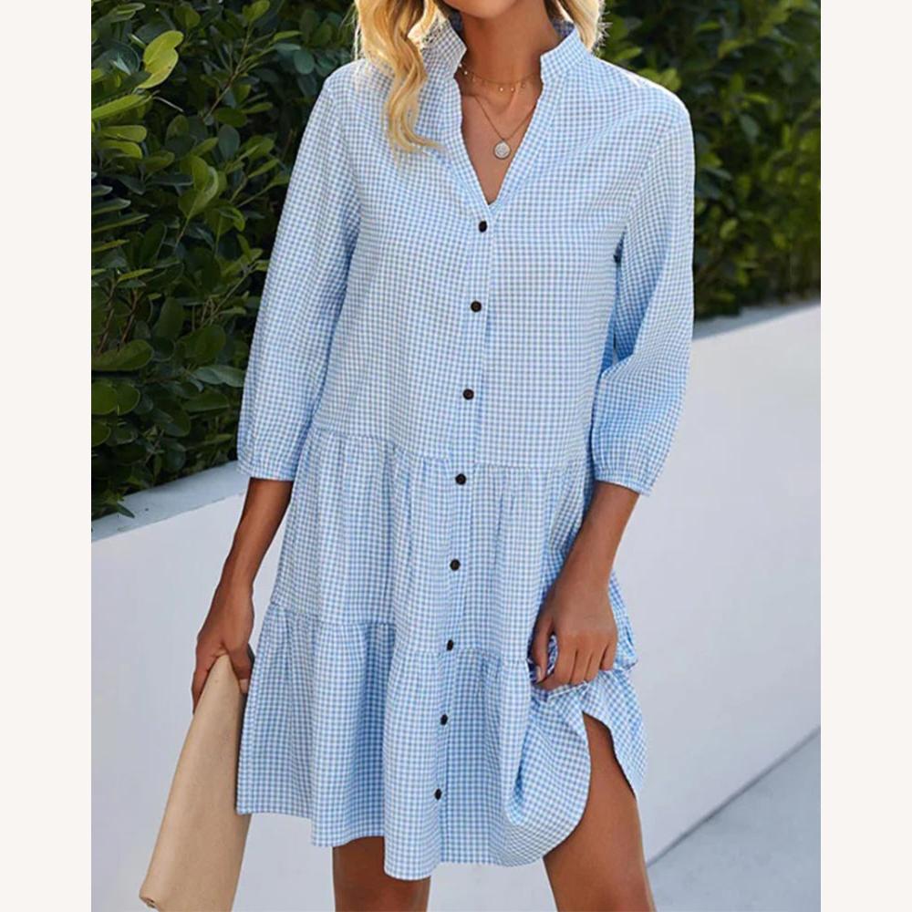 Robe d'été pour femme en coton coupe trapèze avec col en V et motif à carreaux – Élégante et chic