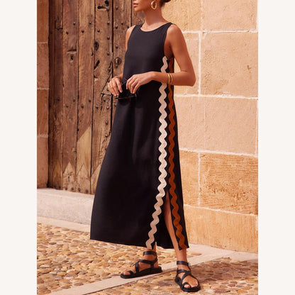 Robe longue rayée sans manches ample pour femme avec fente latérale – Confortable et élégante pour le printemps et l'été