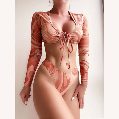 Bikini de plage à manches longues imprimé avec nouage tourbillonnant pour femmes – Maillot de bain bohème chic en deux pièces