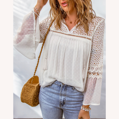 Blouse bohème chic pour femme en crochet - Tissu léger et confortable pour l'été, coupe décontractée, disponible du S au XL