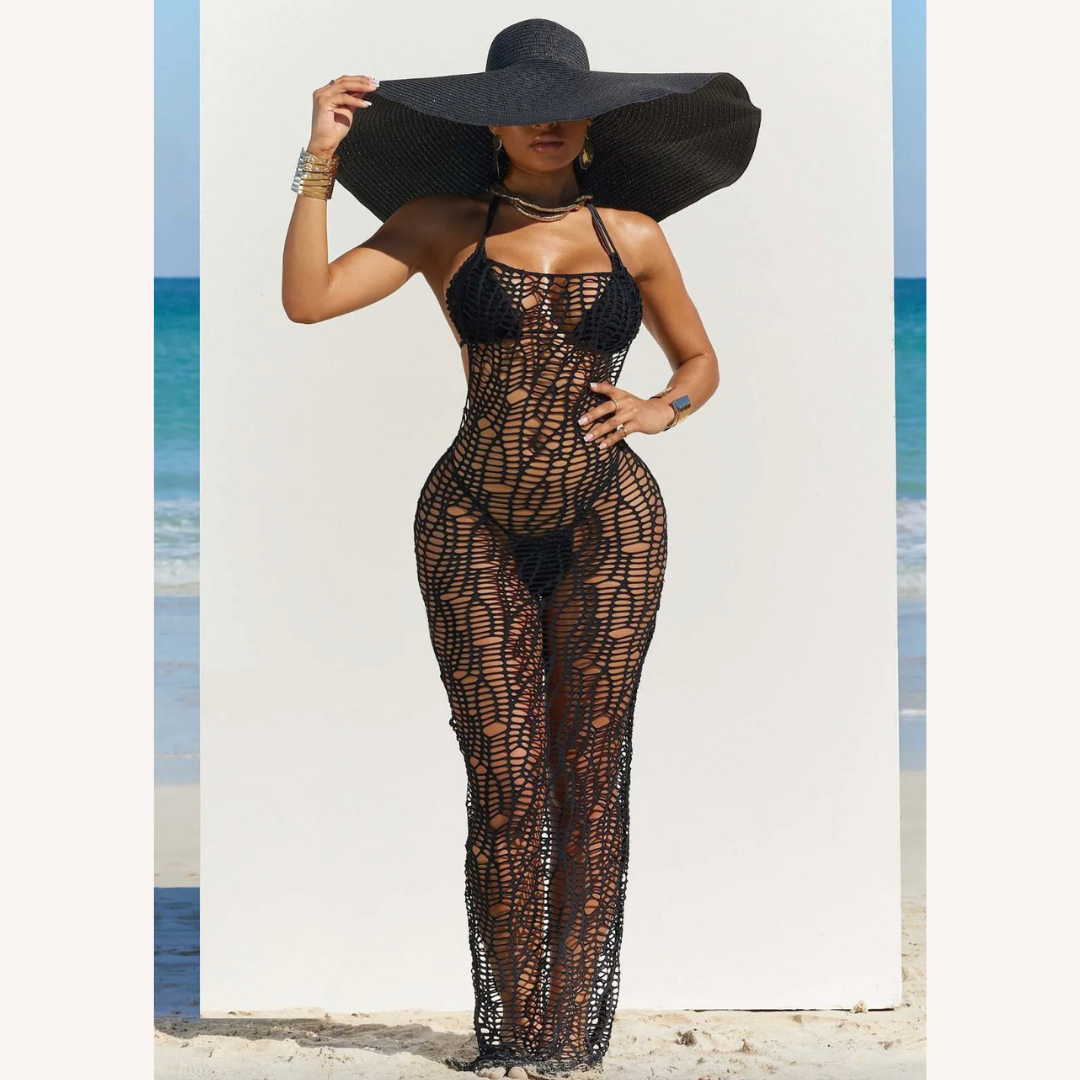 Robe longue élégante pour femme en crochet pour l'été – Silhouette ajustée, idéale pour la plage et les soirées