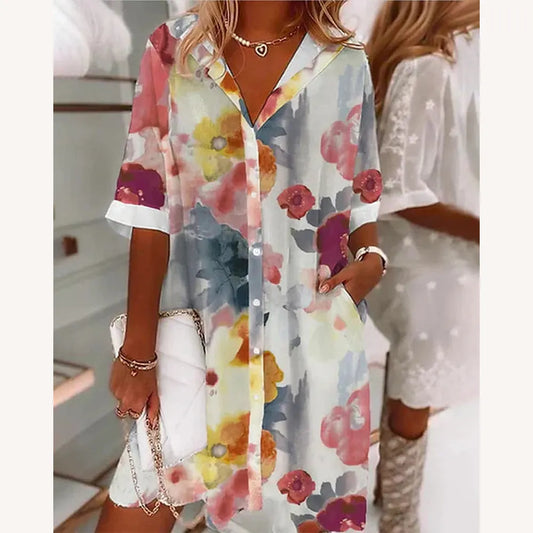 Loose Long Dress for Women with Mid-Length Sleeves in Lightweight Cotton for Summer Comfort
