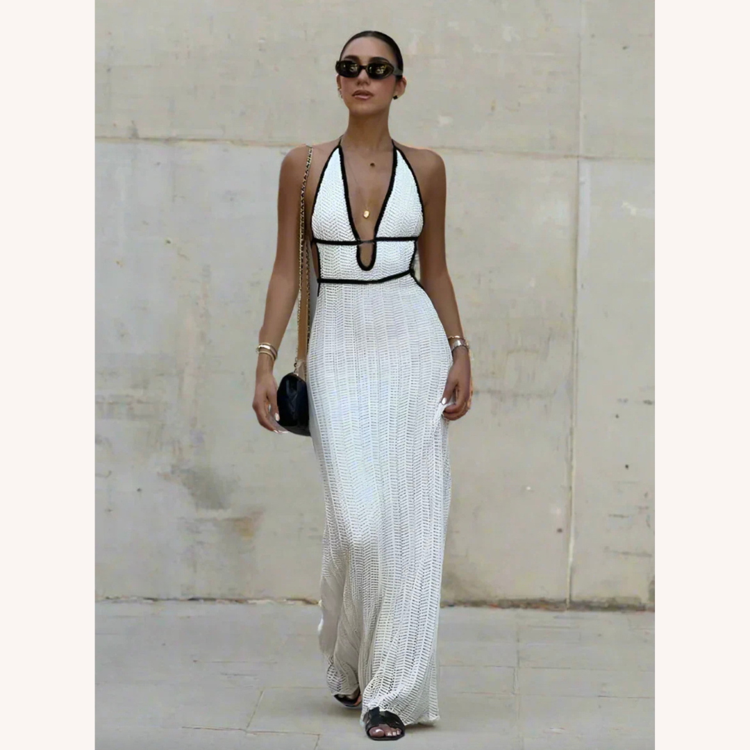 Robe longue pour femme à col licou en crochet blanc – Élégance estivale pour mariages et soirées