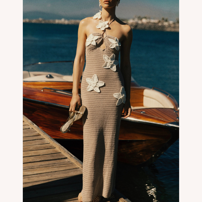Robe longue en crochet pour femme bleue – Élégante robe d'été bohème maxi avec détails flottants