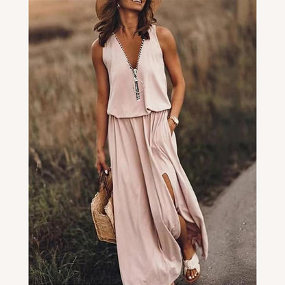 Robe longue maxi en coton pour femme avec encolure en V et fente – Robe d'été noire élégante