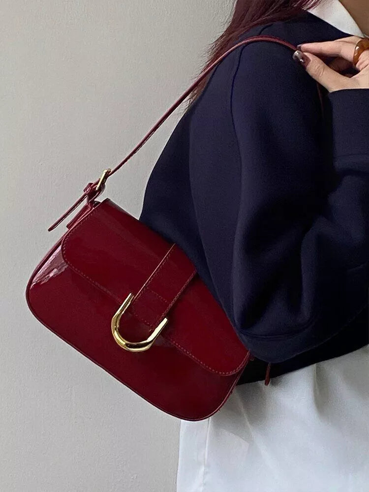 Patent Leather Shoulder Bag for Women – Chic and Elegant Bag with Buckle and Shiny Finish