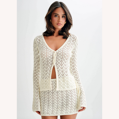 Ensemble bohème chic pour femme en crochet - Gilet à col en V et mini-jupe assortie en coton respirant