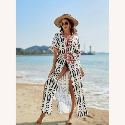 Cardigan de plage imprimé bohème avec ceinture – Élégance estivale pour femmes, manches mi-longues, polyester léger
