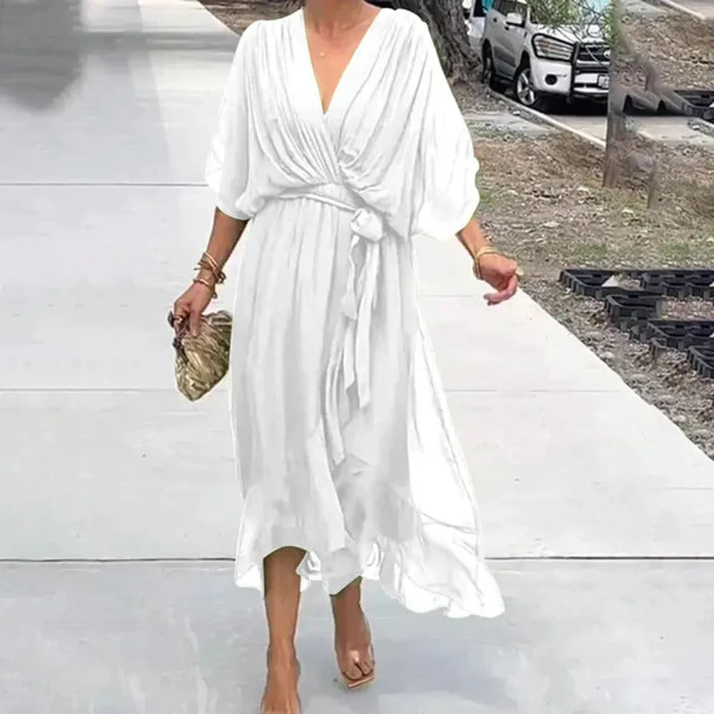 Robe longue élégante d'été pour femme avec ceinture et ourlet asymétrique en tissu léger