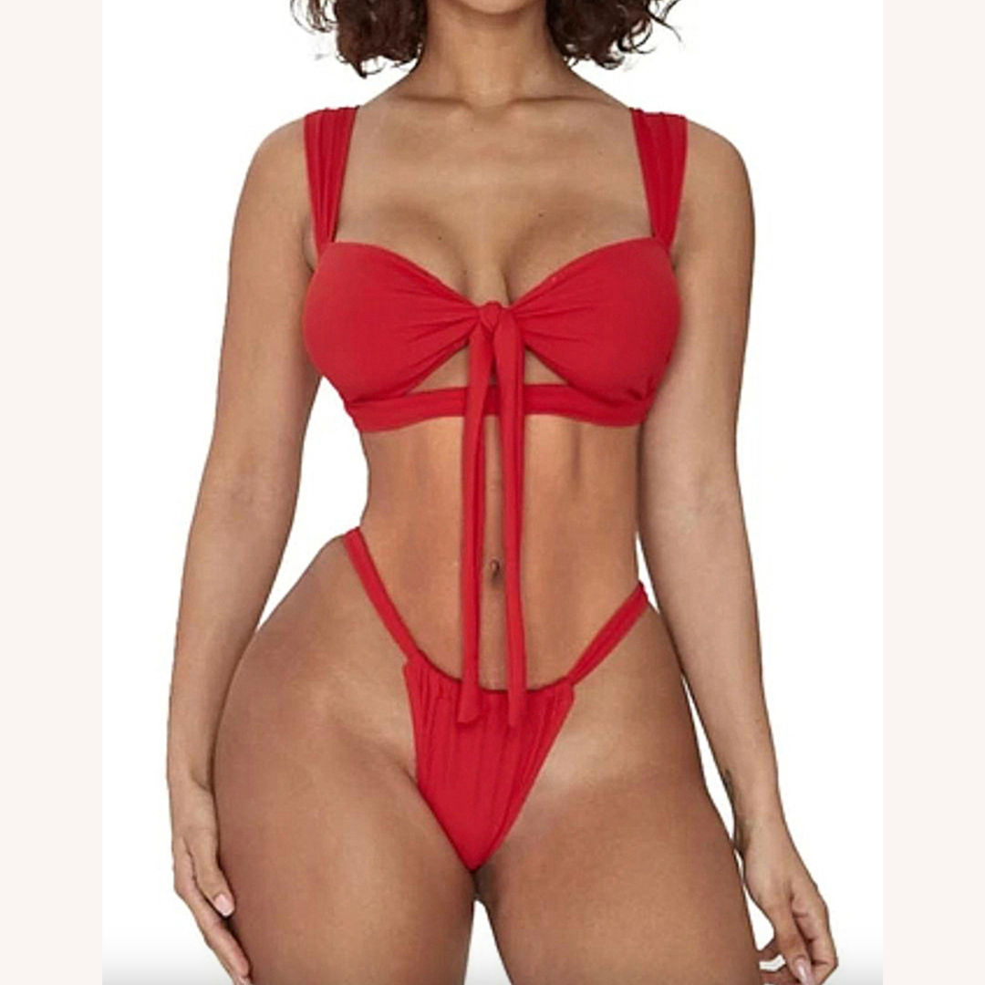 Bikini bohème pour femme avec découpes élégantes et lien – Maillot de bain séduisant en nylon léger