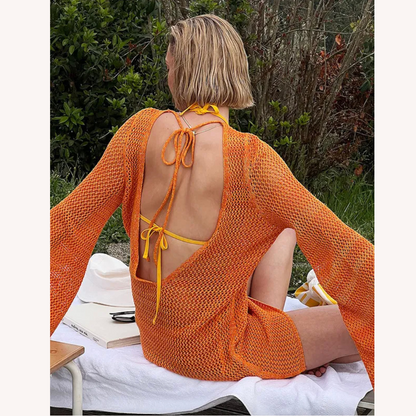 Women's Backless Beach Dress in Polyester Jersey with Wing Sleeves – Boho Elegance for Beach Outfit