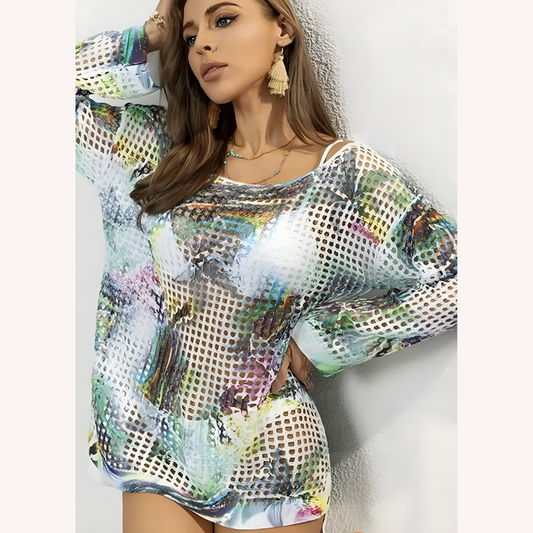 Tunique de plage en filet coloré – Couverture légère et aérée pour femmes, manches longues, encolure dégagée, mini