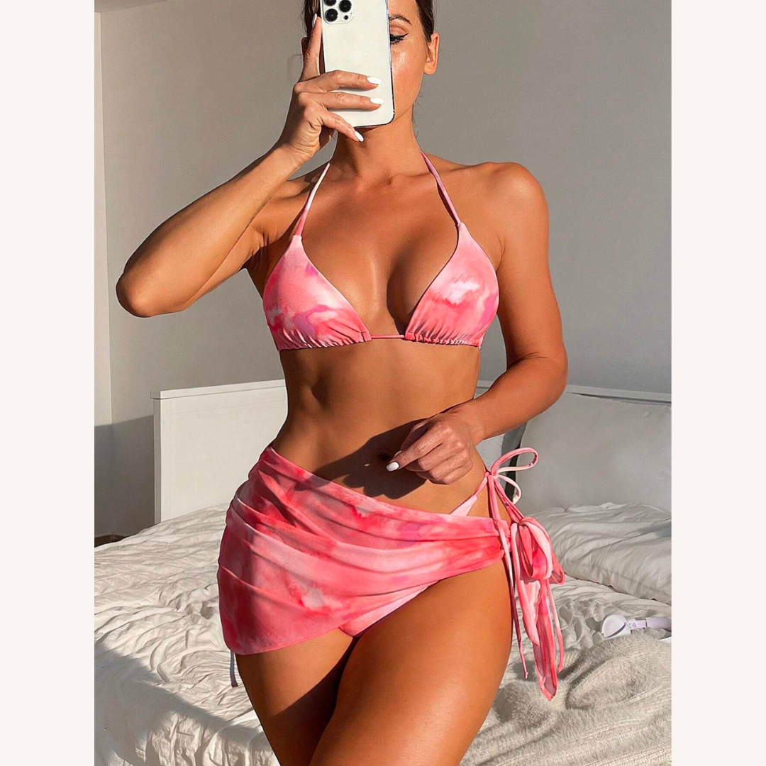 Ensemble de maillot de bain trois pièces pour femme style bohème à teinture nouée avec jupe assortie – Polyester confortable, S, M, L