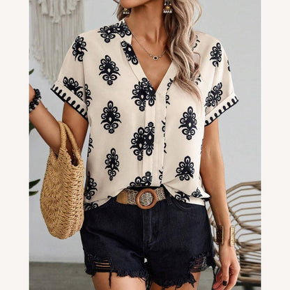 Blouse imprimée bohémienne pour femme en polyester léger avec col en V et manches courtes - beige et noir