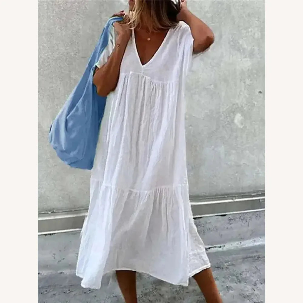 Women's Boho Floral Print Beach Dress, V-Neck and Short Sleeves – Lightweight and Comfortable Dress for Summer