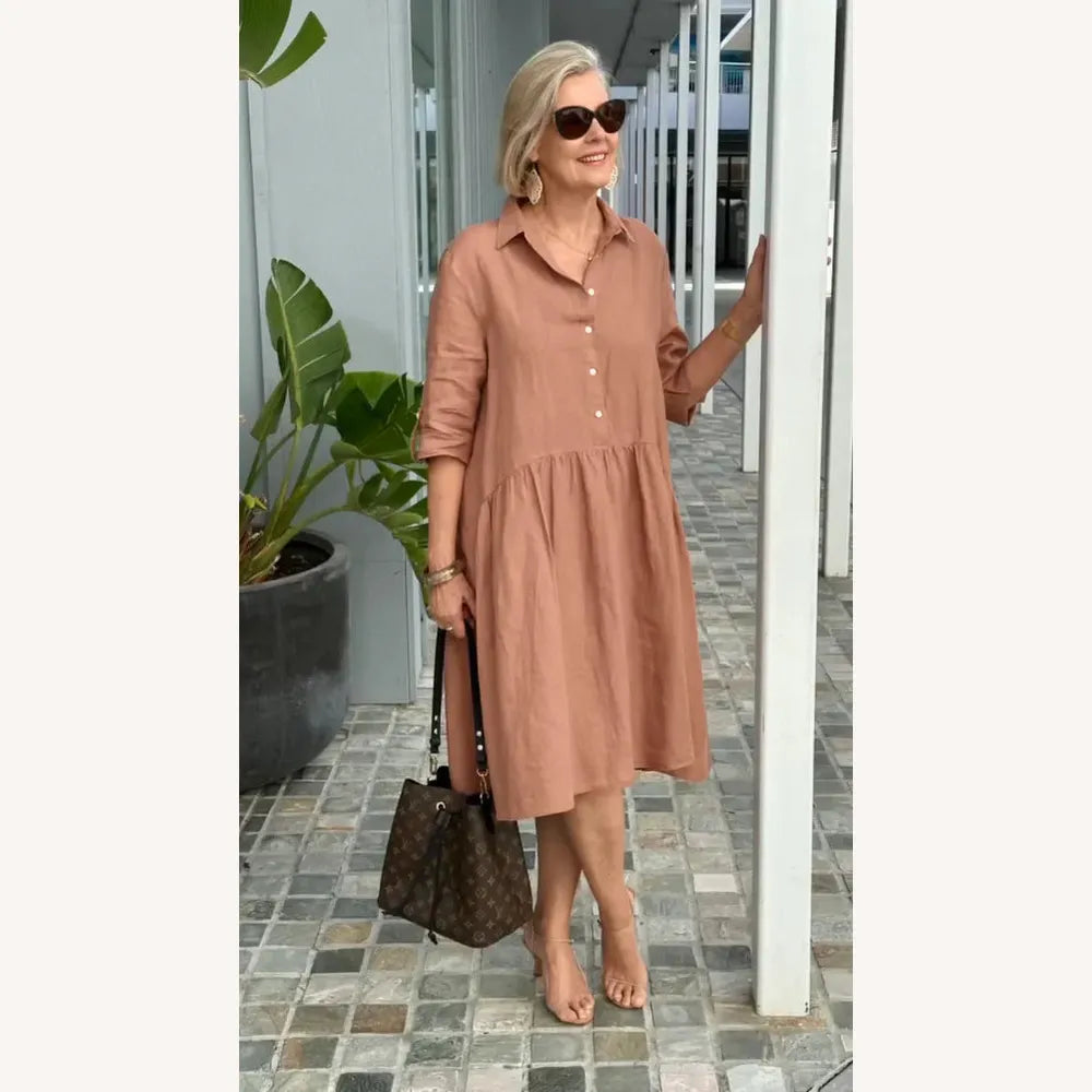 Robe décontractée pour femme en lin et coton mi-longue - Confortable avec poches, encolure ronde, plusieurs couleurs