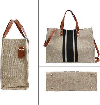 Durable Canvas Tote Bag for Women with Stripes – Large Versatile Handbag for Outings and Daily Use