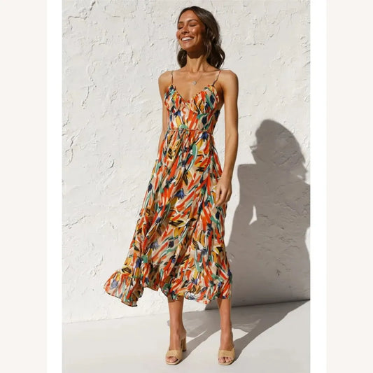 Women's Long Flowing Colorful Dress with Vibrant Print – Loose and Comfortable Fit