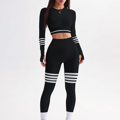 Ensemble de sport pour femme en 3 pièces à taille haute en polyester et élasthanne – Leggings et haut court à manches longues