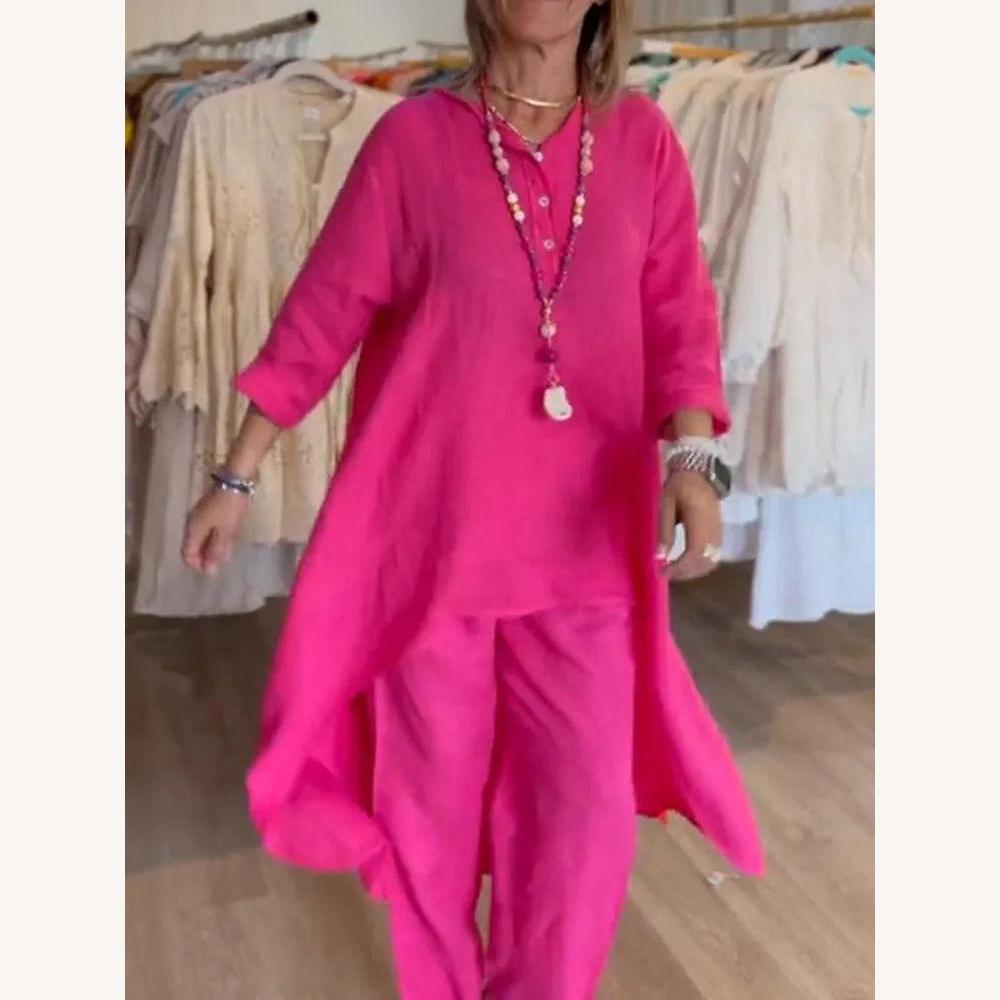Ensemble léger en lin pour femme avec tunique asymétrique et pantalon ample – Idéal pour l'été