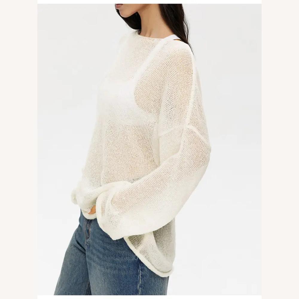 Pull léger en maille transparente pour femme – Élégance décontractée, idéal pour superposer, disponible en blanc et beige