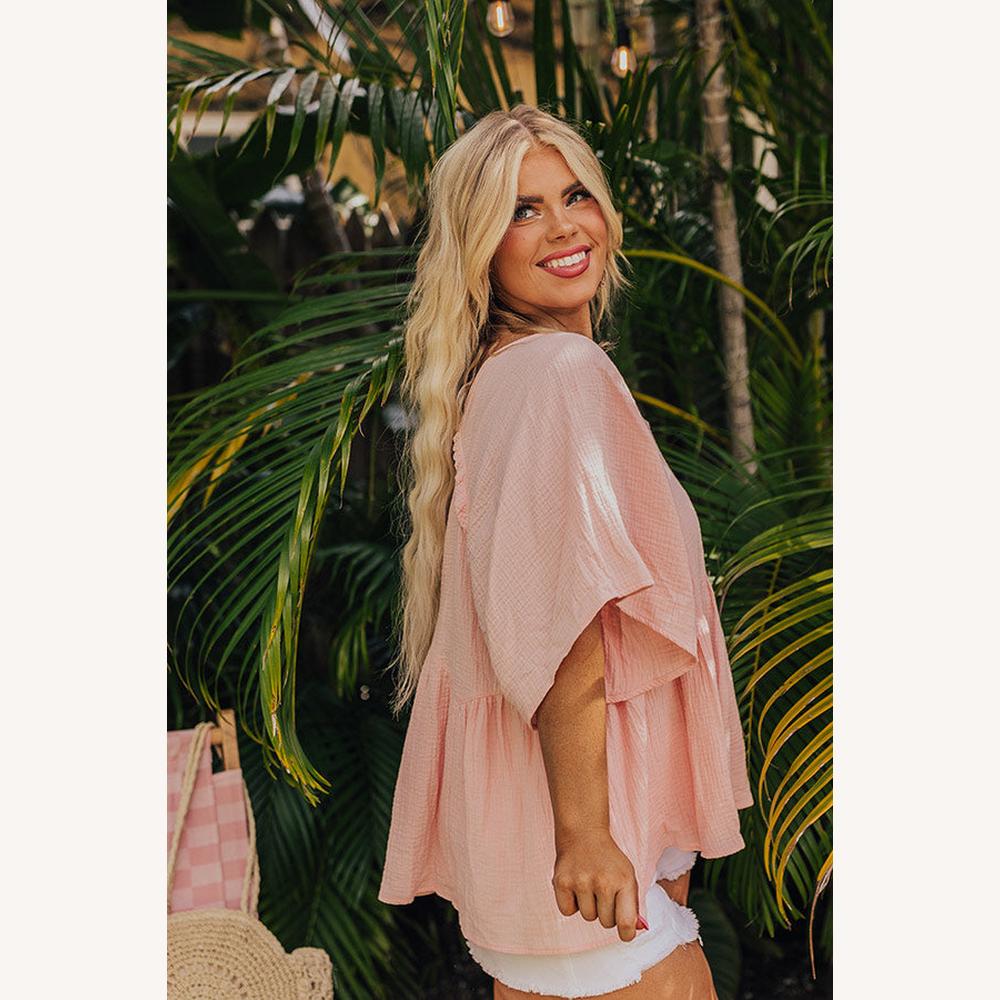 Blouse ample pour femme en gaze rose abricot – Légère et fluide, manches courtes, 100 % coton
