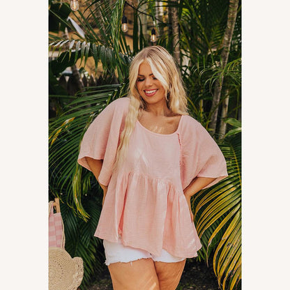 Blouse ample pour femme en gaze rose abricot – Légère et fluide, manches courtes, 100 % coton