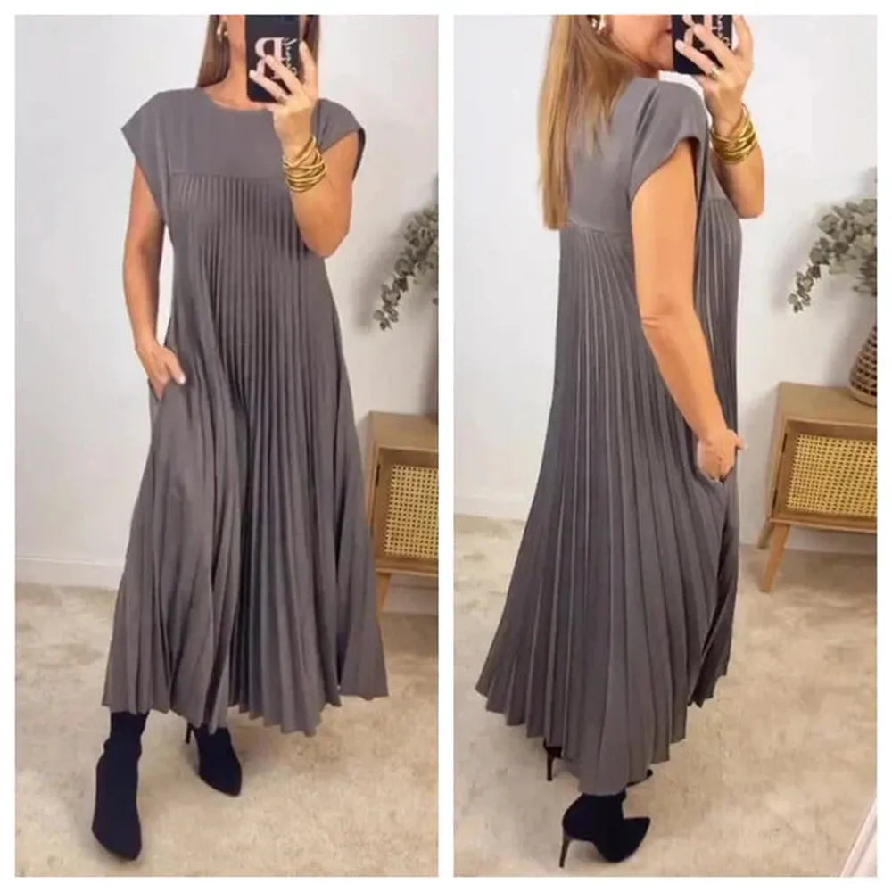 Robe longue plissée élégante pour femmes en couleur unie – Confortable et polyvalente pour toutes les occasions