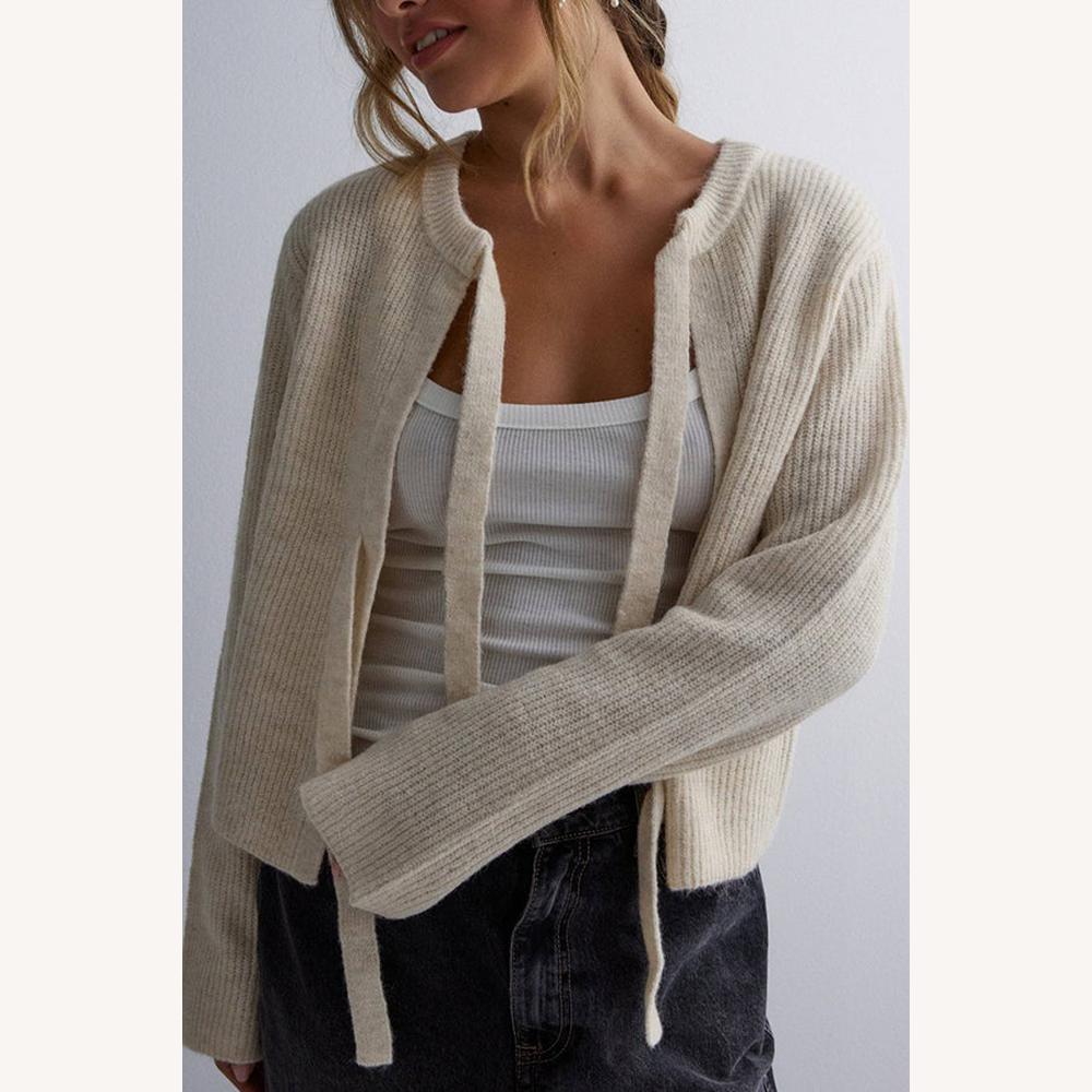 Cardigan en tricot côtelé doux pour femme – style ouvert avec liens, confort optimal, idéal pour tenues décontractées et habillées