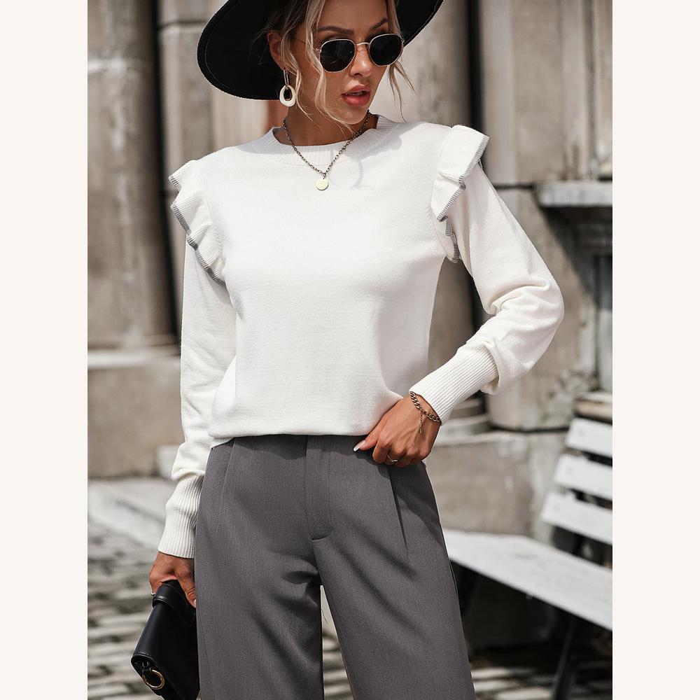 Pull tricoté doux à volants pour femme – Élégant et confortable, idéal pour le bureau et les sorties décontractées