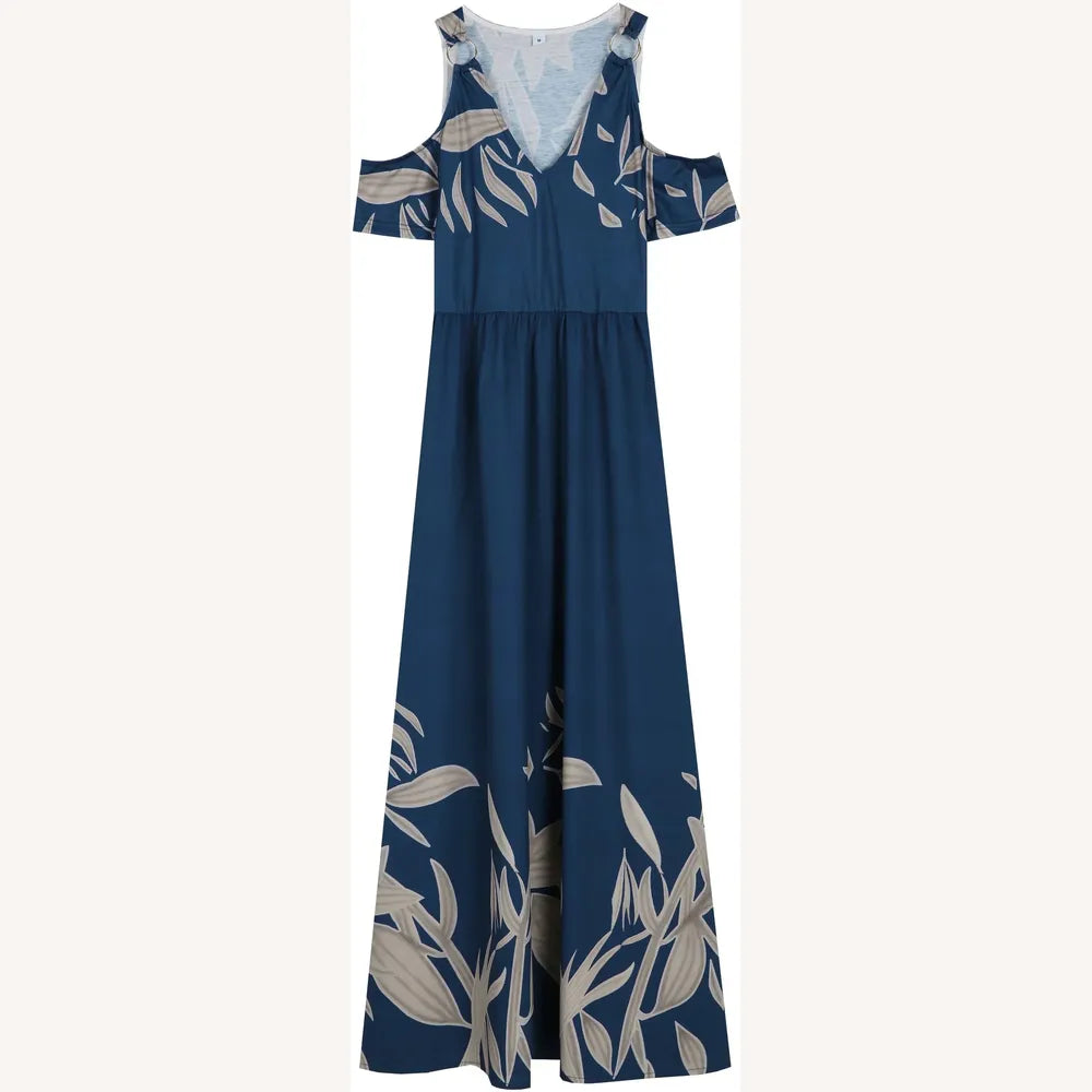 Robe longue plissée pour femme bleu cobalt avec encolure en V et épaules dénudées - Élégance décontractée