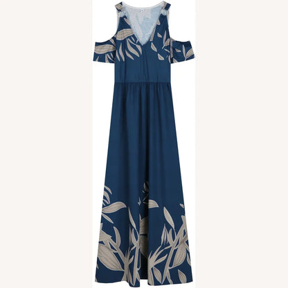 Robe longue plissée pour femme bleu cobalt avec encolure en V et épaules dénudées - Élégance décontractée