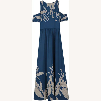 Robe longue plissée pour femme bleu cobalt avec encolure en V et épaules dénudées - Élégance décontractée