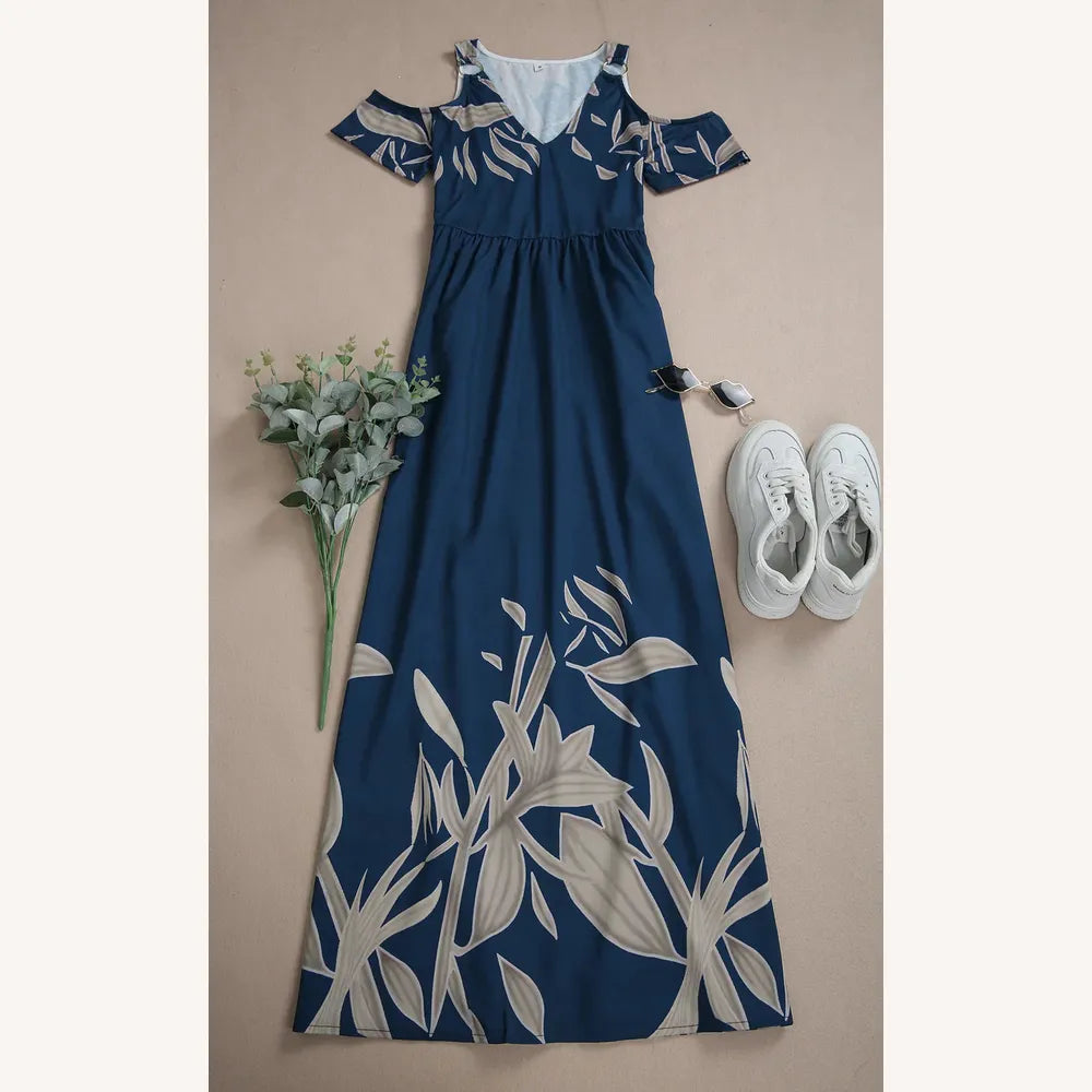Robe longue plissée pour femme bleu cobalt avec encolure en V et épaules dénudées - Élégance décontractée
