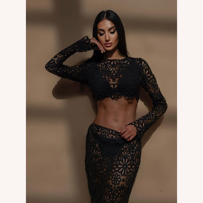 Ensemble en dentelle blanche au crochet pour femmes – Haut court à manches longues et jupe longue bohème chic
